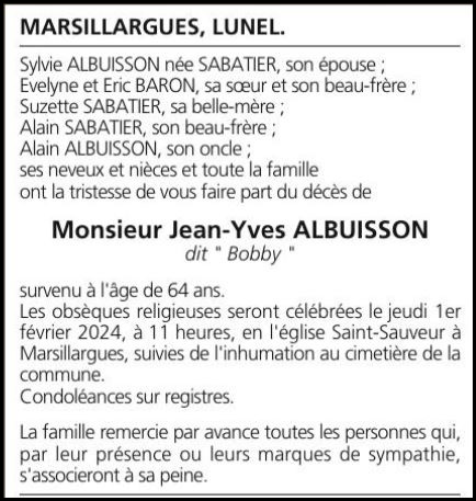 Décès de l'ancien raseteur <br>Jean-Yves ALBUISSON