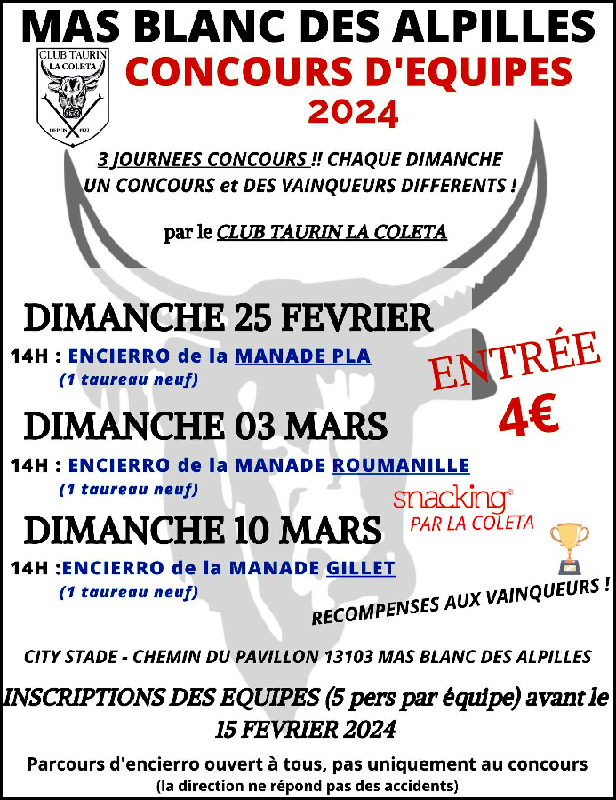 Calendrier du concours d'encierros au Mas Blanc des Alpilles.