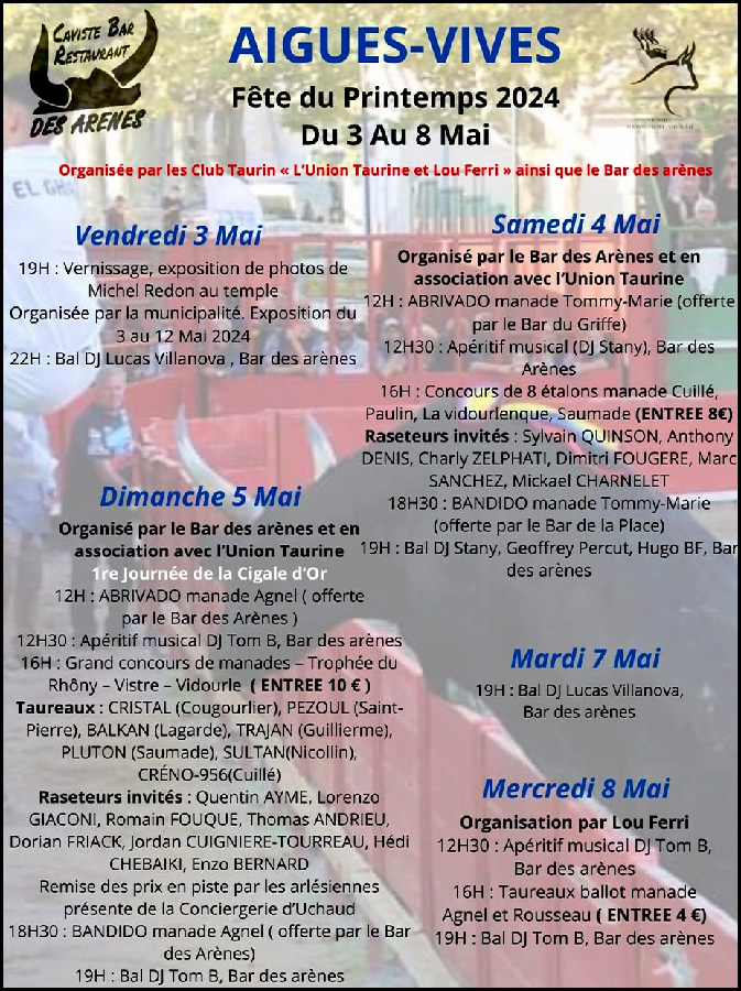 Aigues-Vives nous propose sa Fête de Printemps du 3 au 8 mai 2024