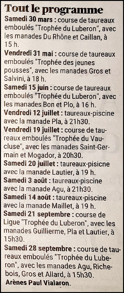 Programme taurin 2024 du CT Luberon de Cavaillon, club né en 2023.
