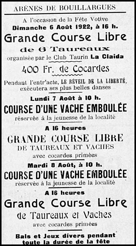 Bouillargues : du 6 au 8 août 1922