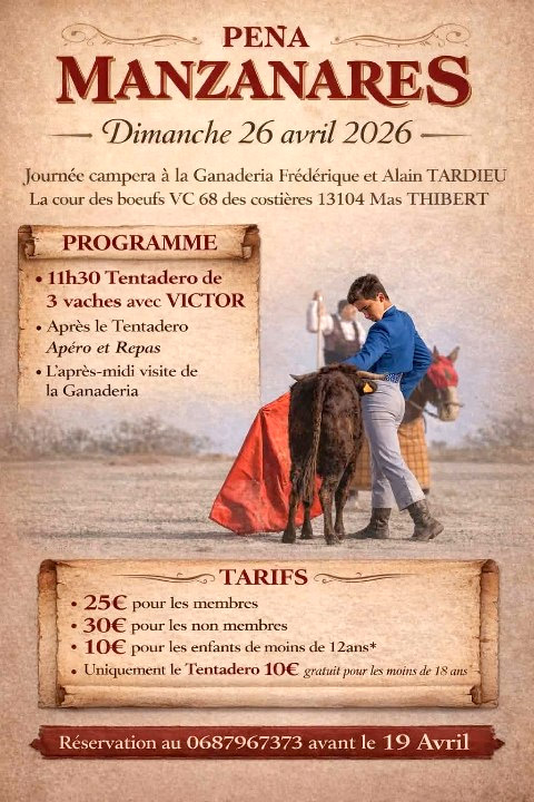 Dimanche 26 avril 2026 :<br>Journée Campera à la Ganaderia Frédérique et Alain TARDIEU