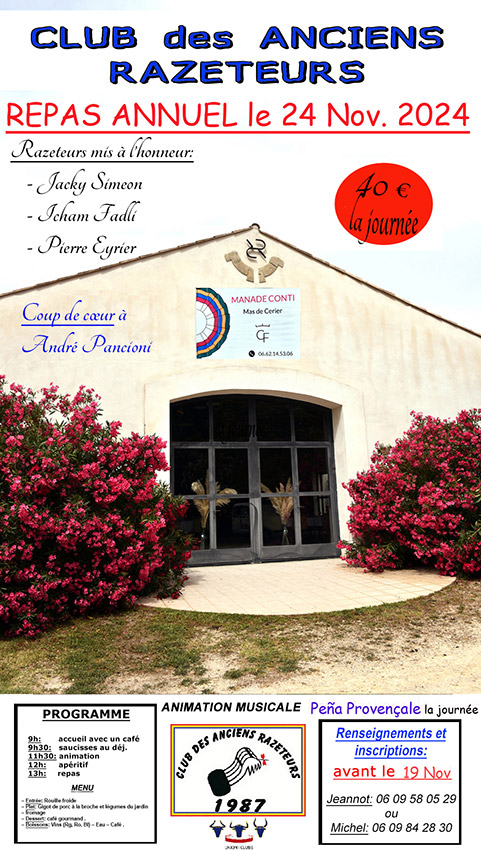 <u>Annonce :</u><br>2024 : Repas annuel du "Club des Anciens Razeteurs"