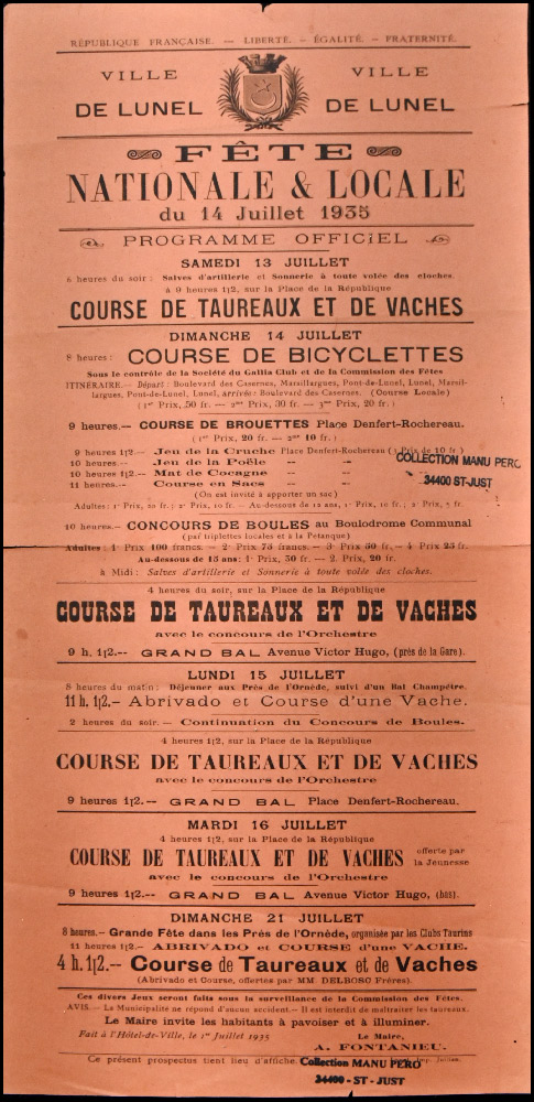 Lunel 1935 : programme des Fêtes Nationale et Locale