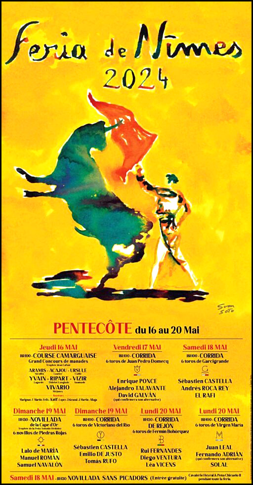 NIMES : Affiche et Programme de la Feria de Pentecôte 2024<br><br><span style="color:#FF0000;">Les TARIFS<br> (abonnements</span> et <span style="color:#0000FF;"> places séparées)</span>
