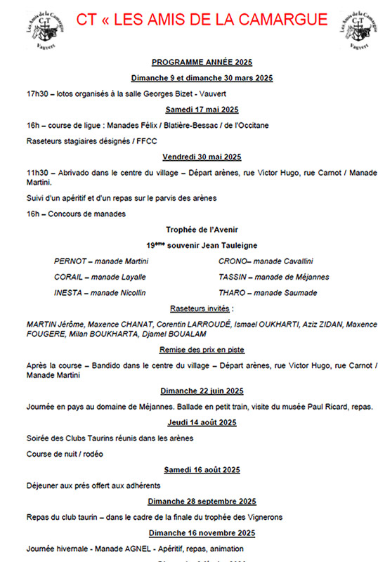 Programme 2025 du Club Taurin<br>Les Amis de la Camargue de Vauvert