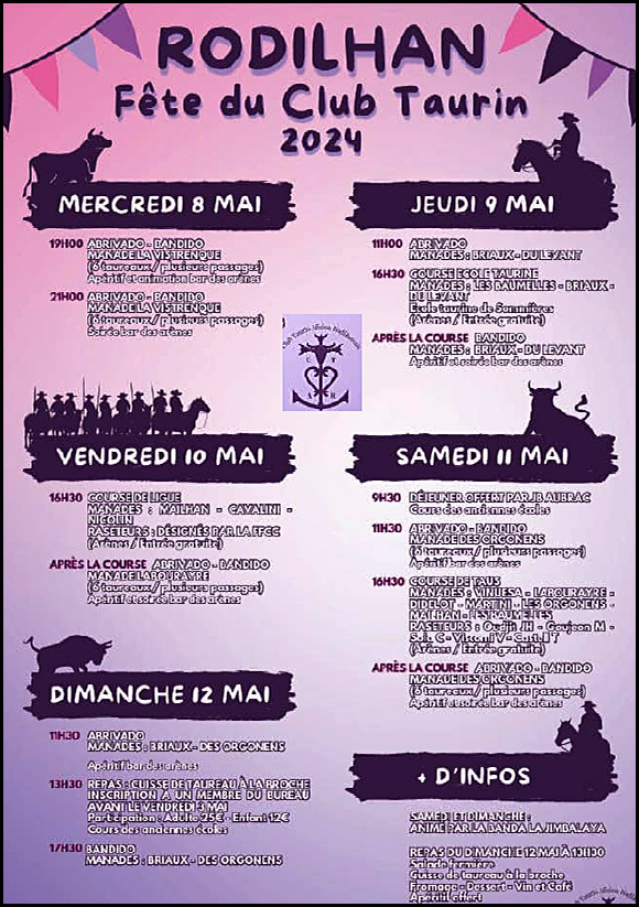 Rodilhan : Programme de la Fête 2024 du CT "L'Aficion"