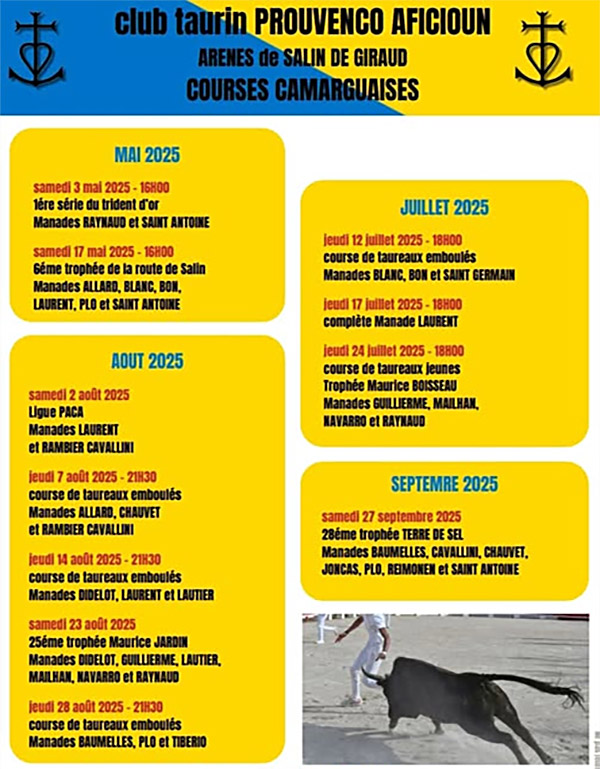 Calendrier des activités taurines de <br>Salin de Giraud