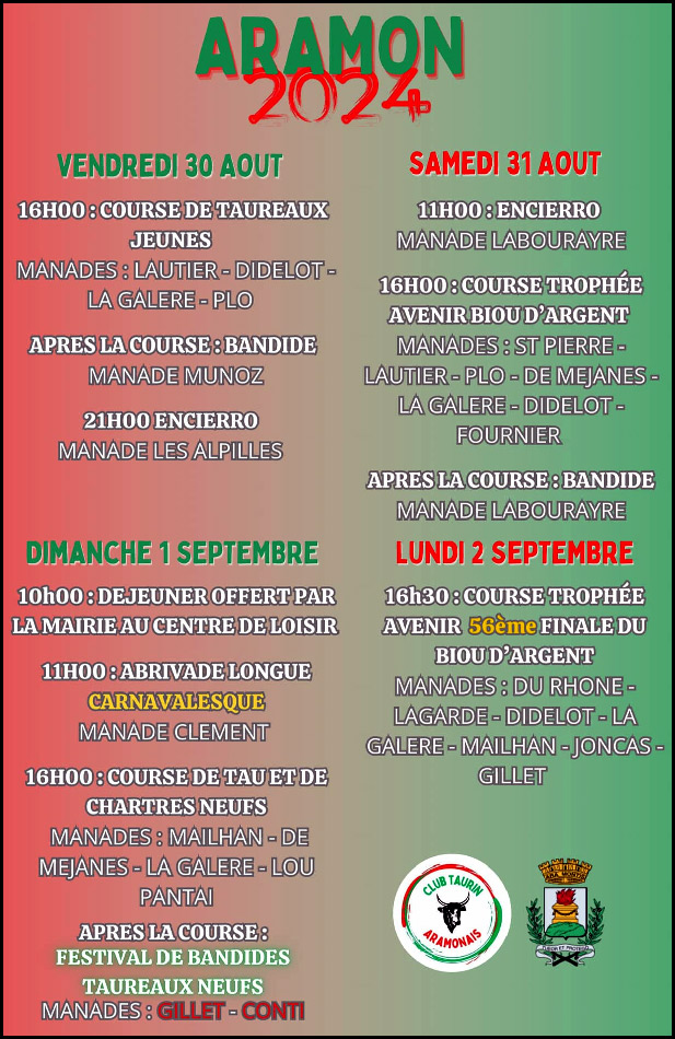 Le CT Aramonais nous propose 4 jours d'événements taurins :<br>.