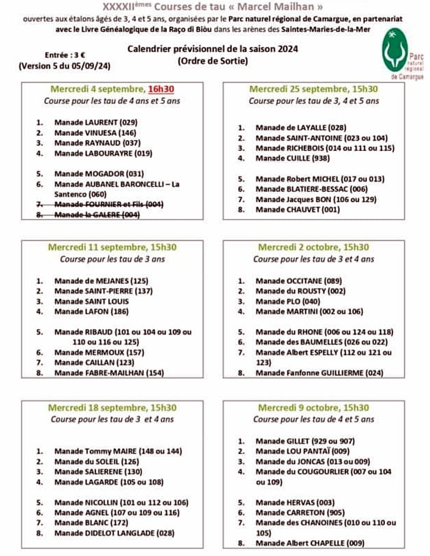 2024 : 42ème Calendrier des courses de tau<br>"Marcel Mailhan"