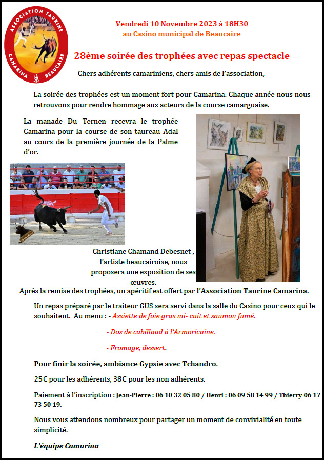 Association Taurine CAMARINA :<br>XXVIIIème Remise des Trophées