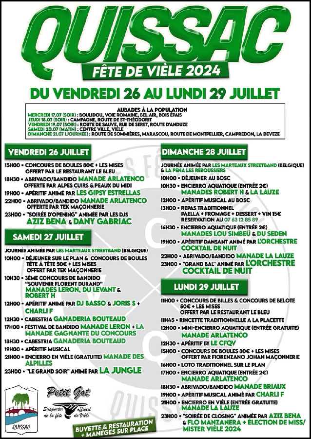 Programme détaillé de la Fête de Viele 2024 à Quissac