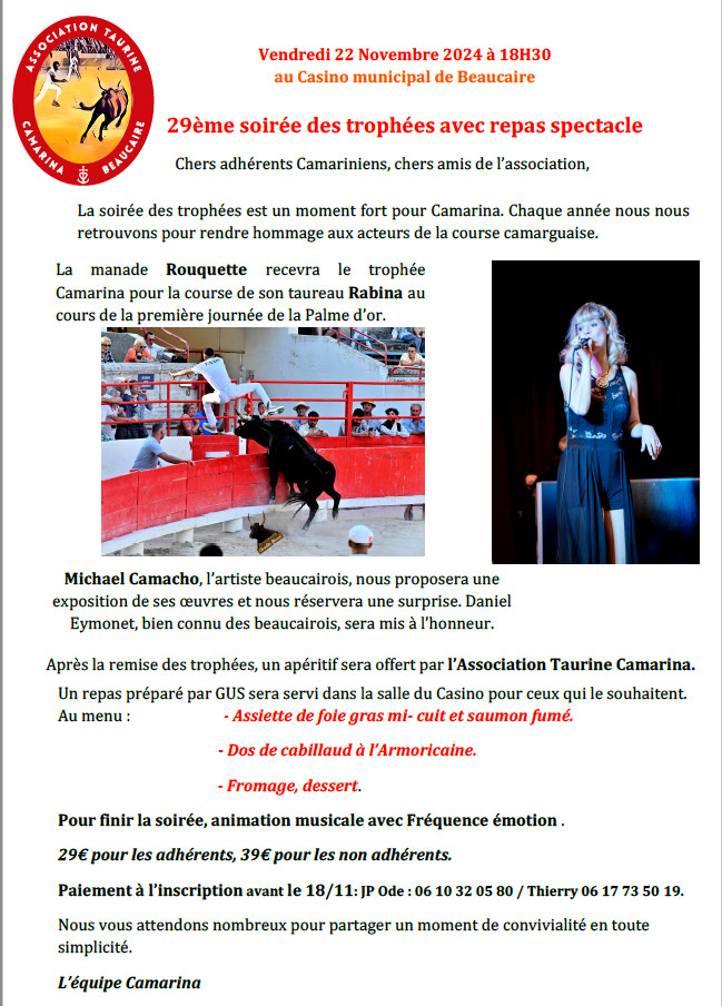 L' A.T. CAMARINA nous propose sa XXIXème soirée des Trophées 2024