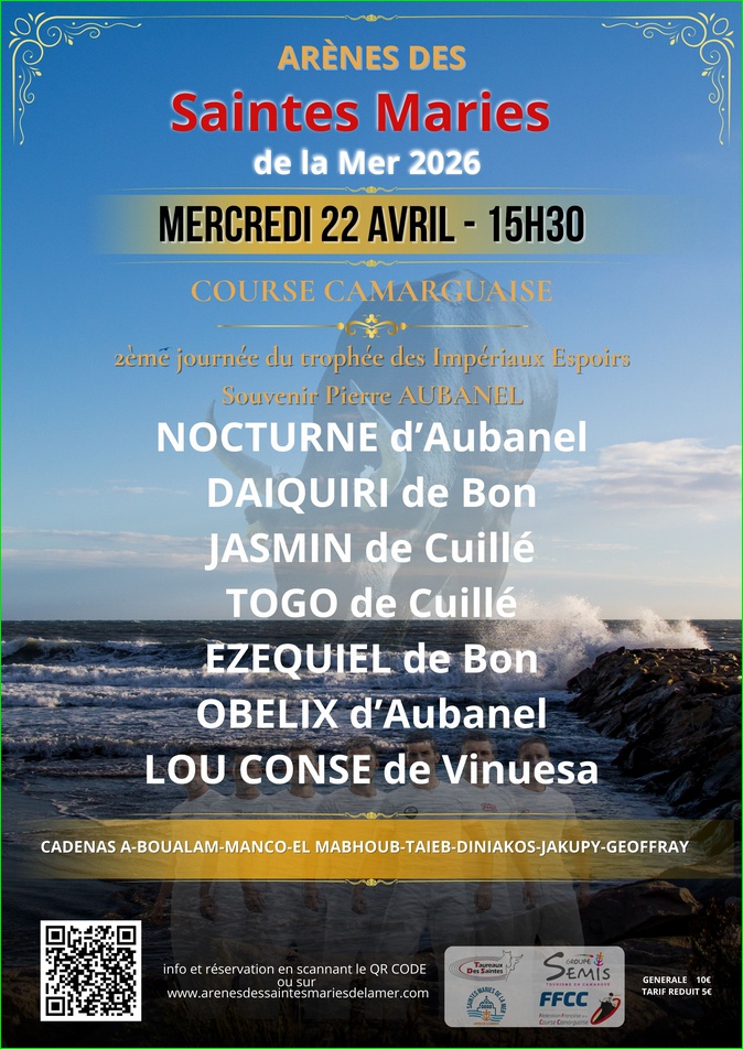 Une course camarguaise aux Saintes :<br>Mercredi 22 avril 2026