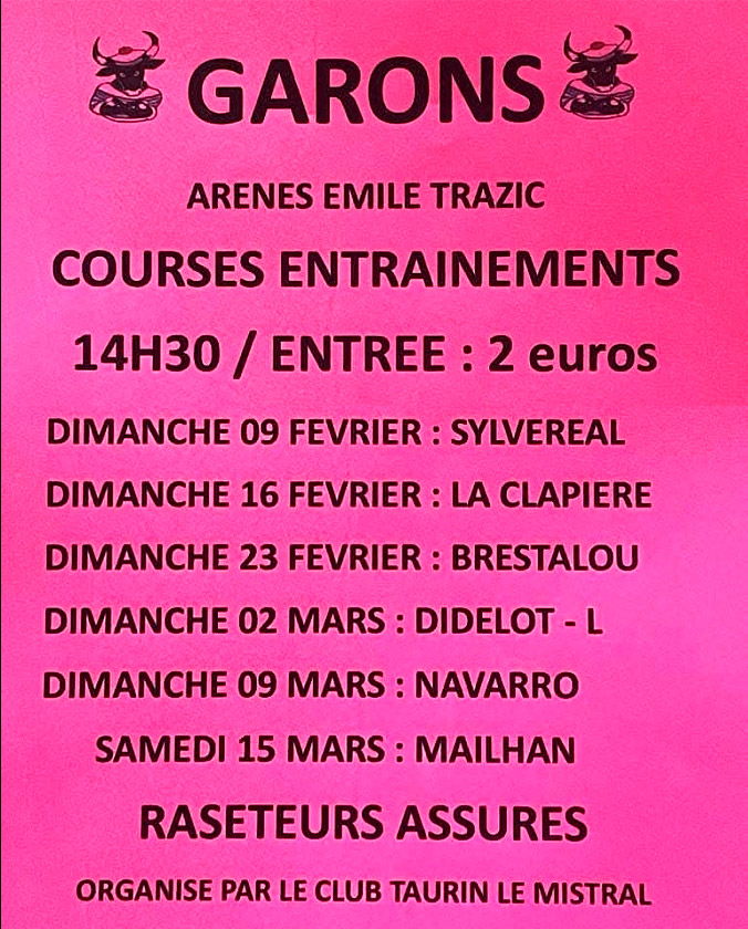 GARONS :<br>Calendrier courses d'entraînement 2025