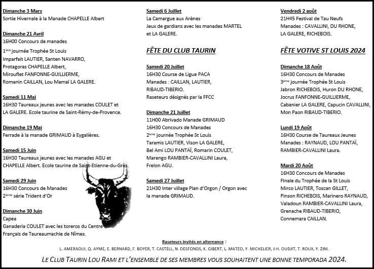 Programme taurin 2024 du C.T. "Lou Rami" de Plan d'Orgon