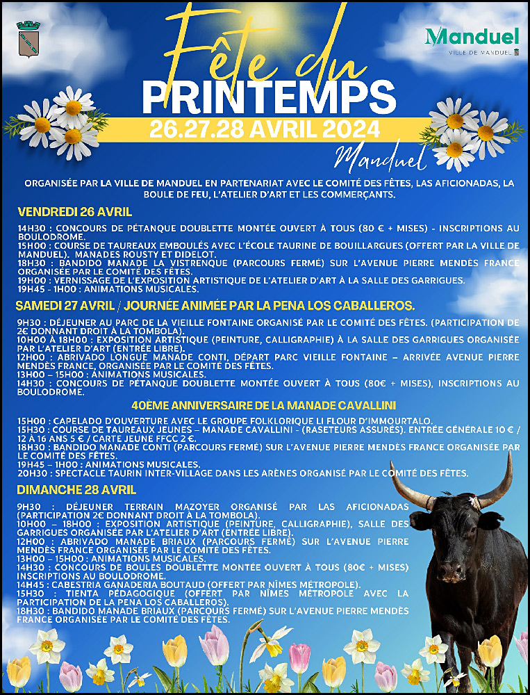 Manduel :<br>Programme de sa Fête de Printemps 26-27 et 28 avril 2024