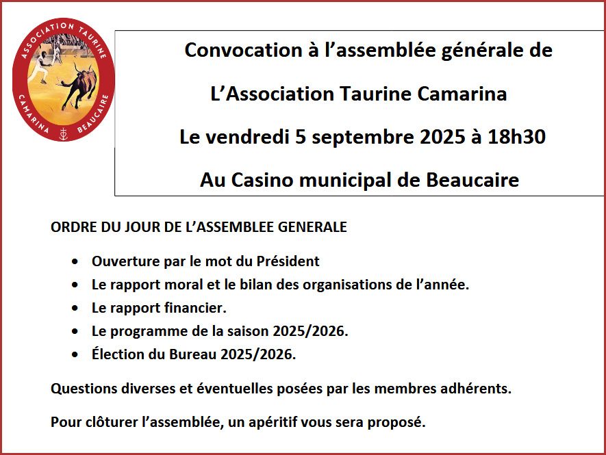 <u>Beaucaire :</u><br>L'Association Taurine CAMARINA annonce son Assemblée Générale.