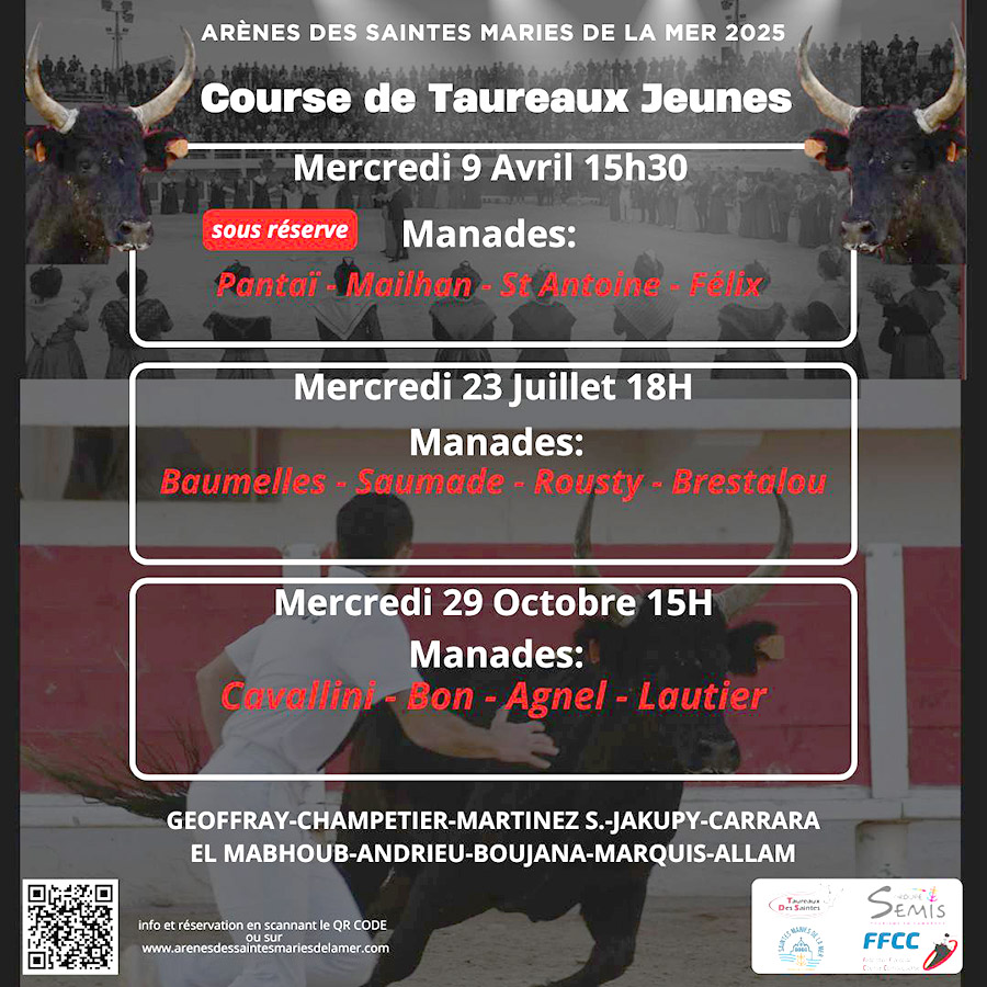 Les Saintes Maries de la Mer :<br>Calendrier des courses Taureaux Jeunes